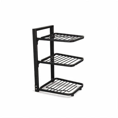 Black 3-tier pot and pan organizer rack on white background