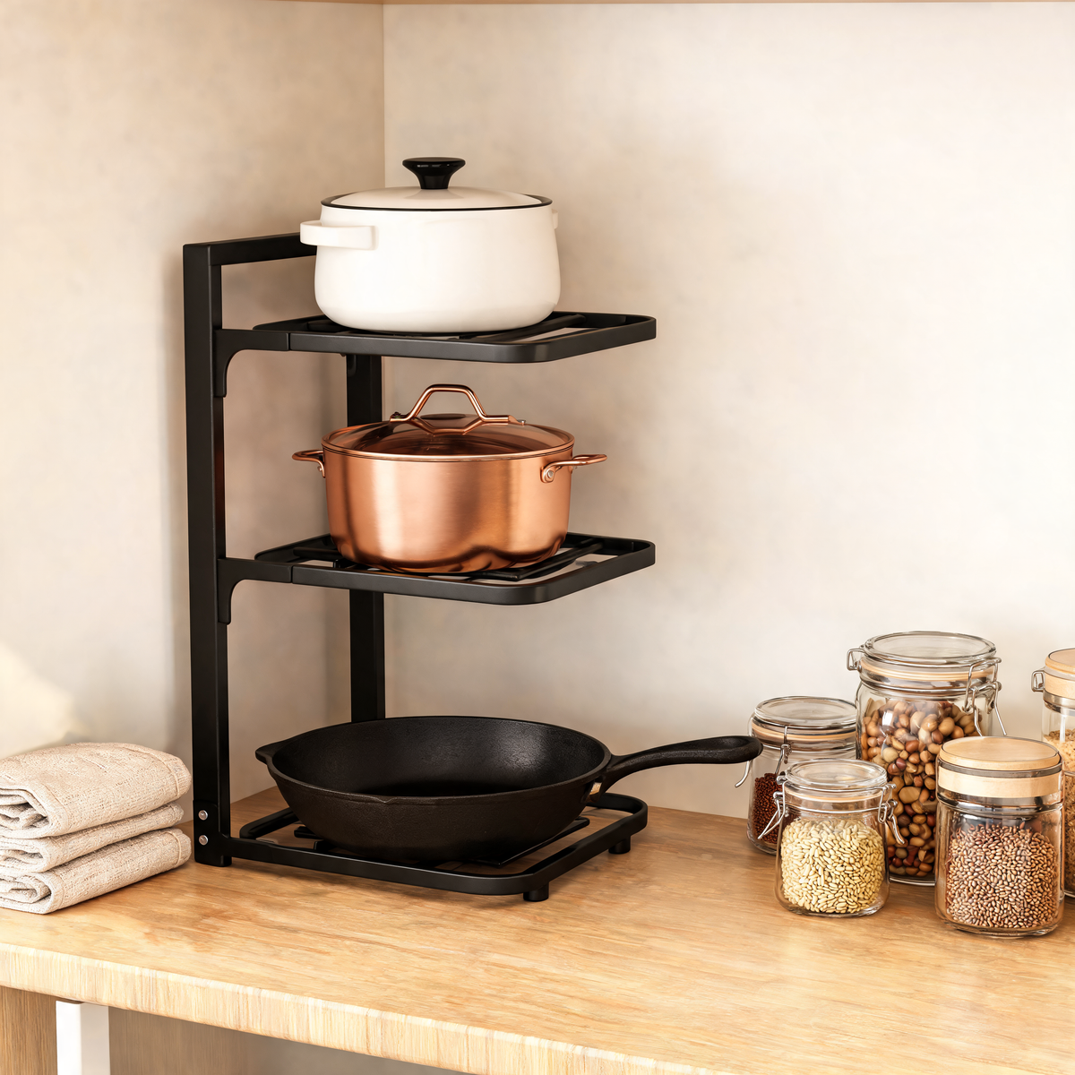 Black pot rack holding a skillet, saucepan and dutch oven in a pantry