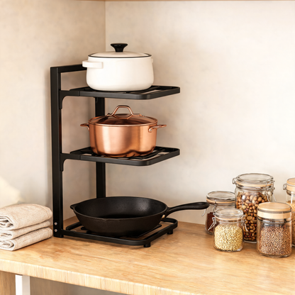Black pot rack holding a skillet, saucepan and dutch oven in a pantry
