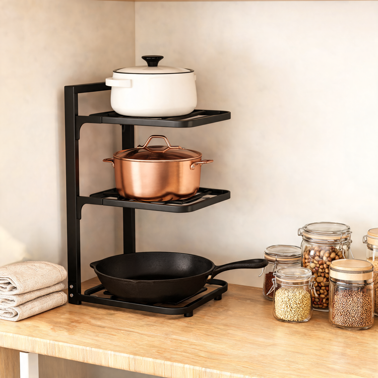 Black pot rack holding a skillet, saucepan and dutch oven in a pantry