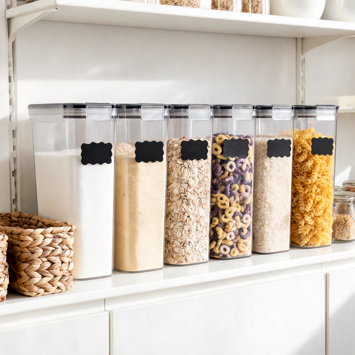 Clear airtight pantry containers filled with pasta, rice and cereal on a shelf