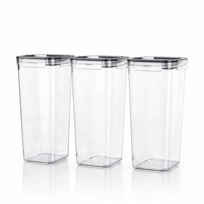 Three clear airtight food storage containers on white background