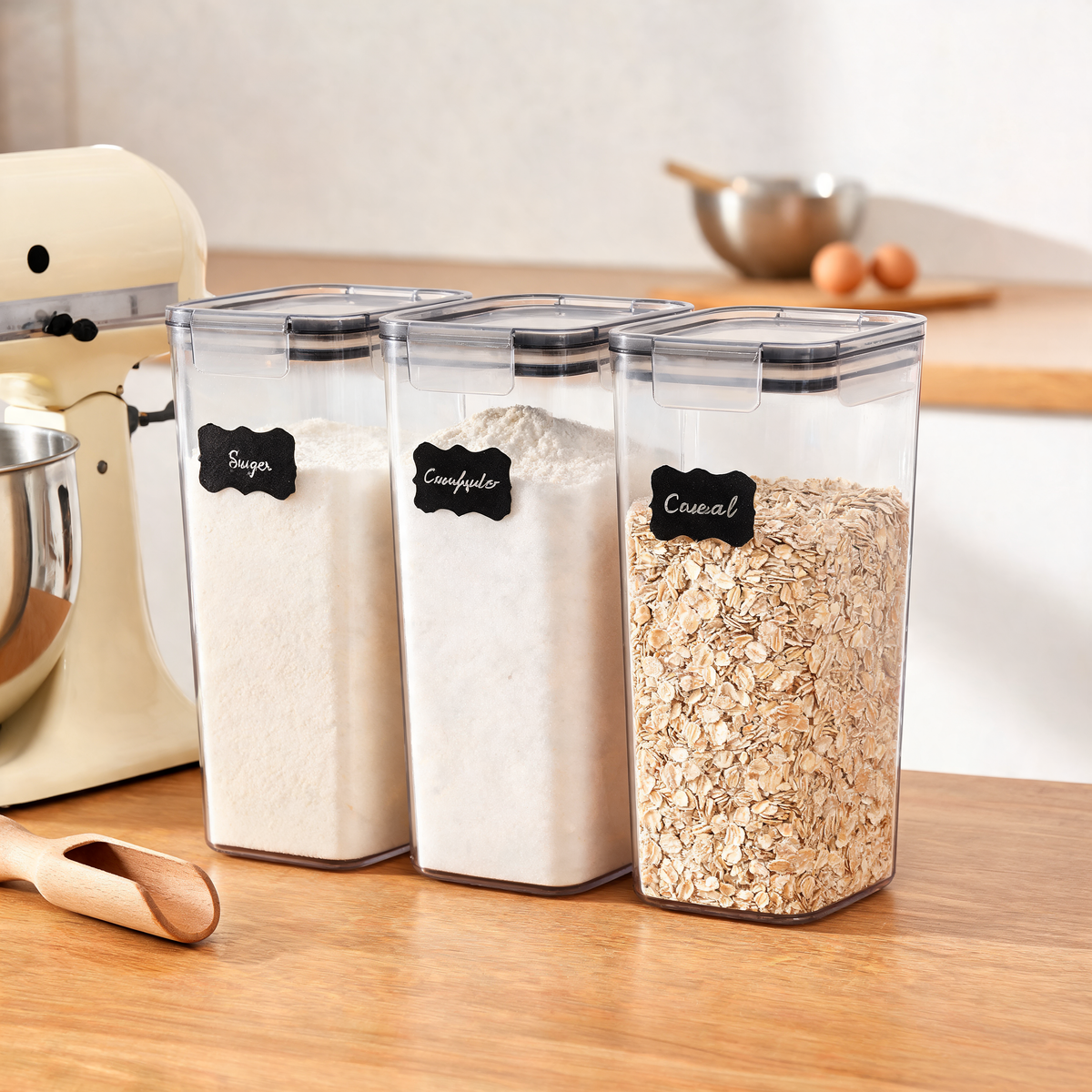 Airtight containers with flour, sugar and oats on a kitchen counter