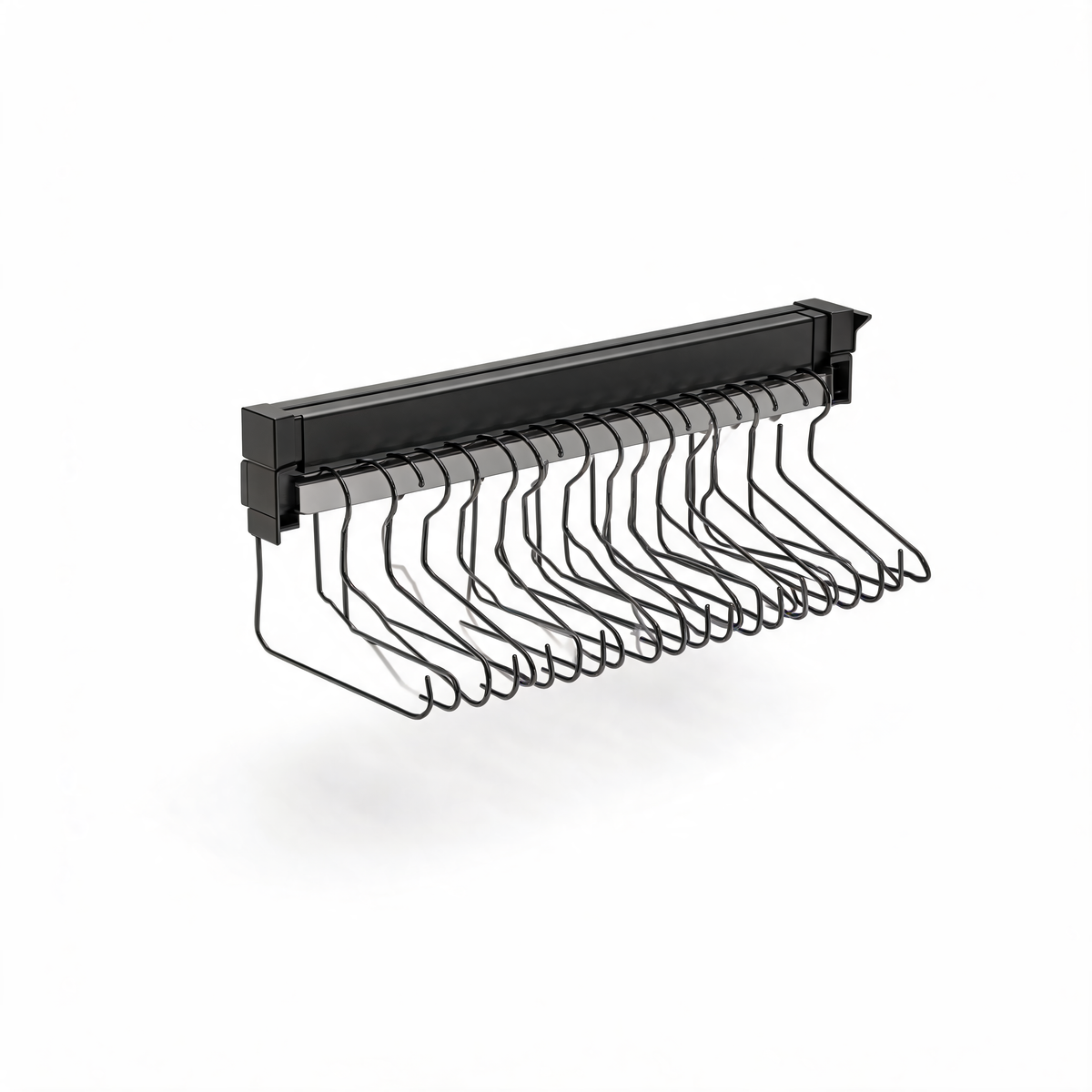Black pull-out closet trouser rack on white background