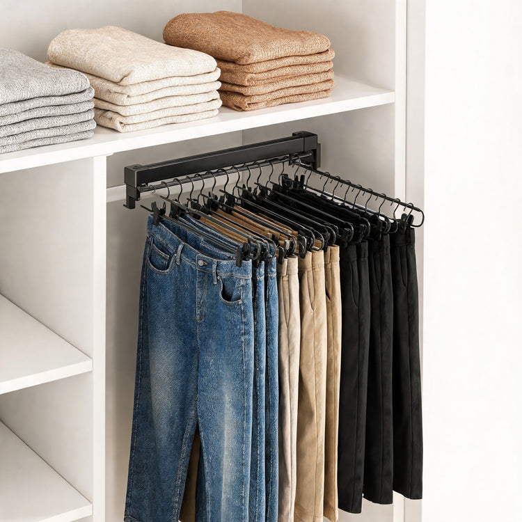 Pull-out trouser rack holding jeans and chinos in a white closet