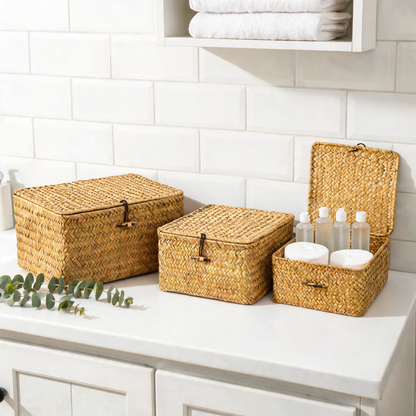 Seagrass baskets holding toiletries on a bathroom vanity