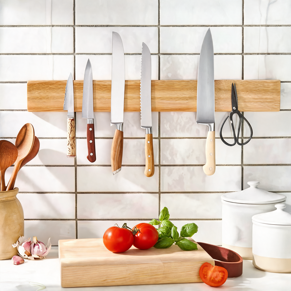 Acacia magnetic knife strip holding knives above a kitchen counter