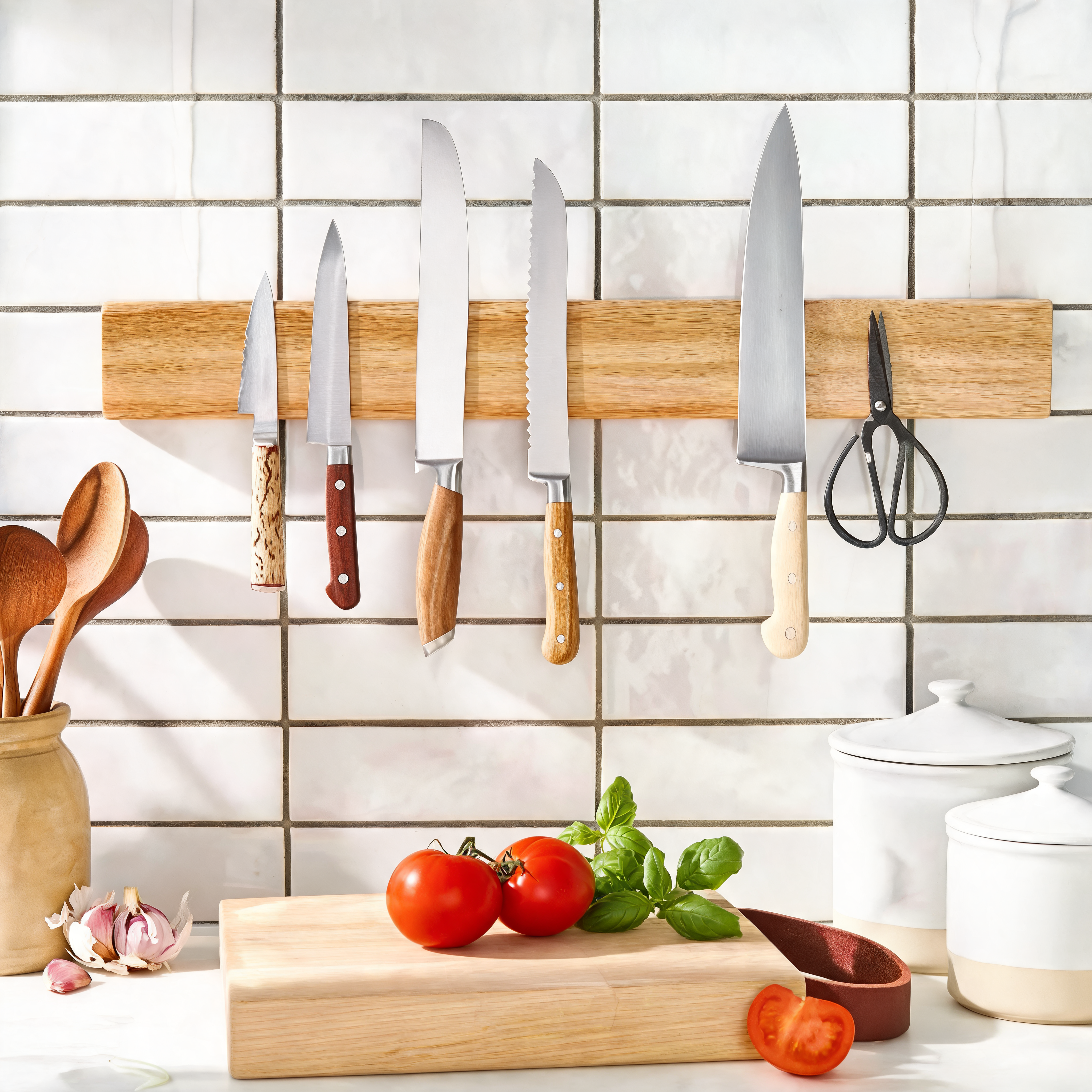Acacia magnetic knife strip holding knives above a kitchen counter