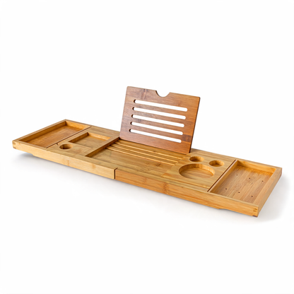 Expandable bamboo bathtub caddy tray with book stand on white