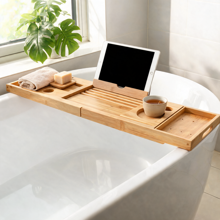 Bamboo bathtub tray holding a tablet and tea across a white tub