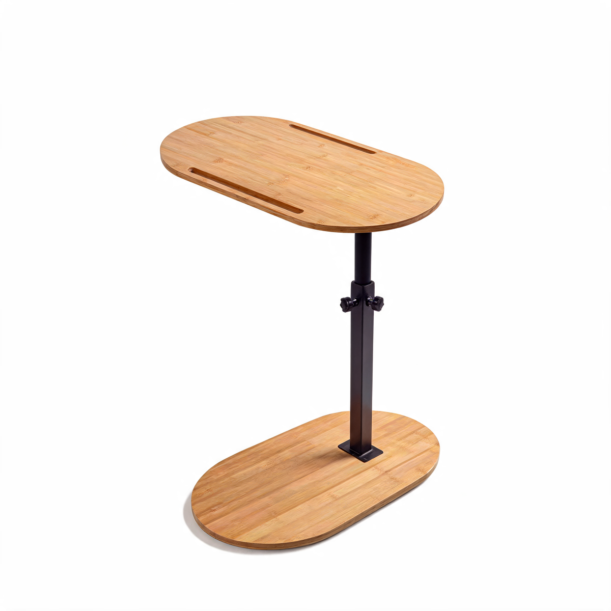 Height-adjustable side table with oval bamboo top on white background