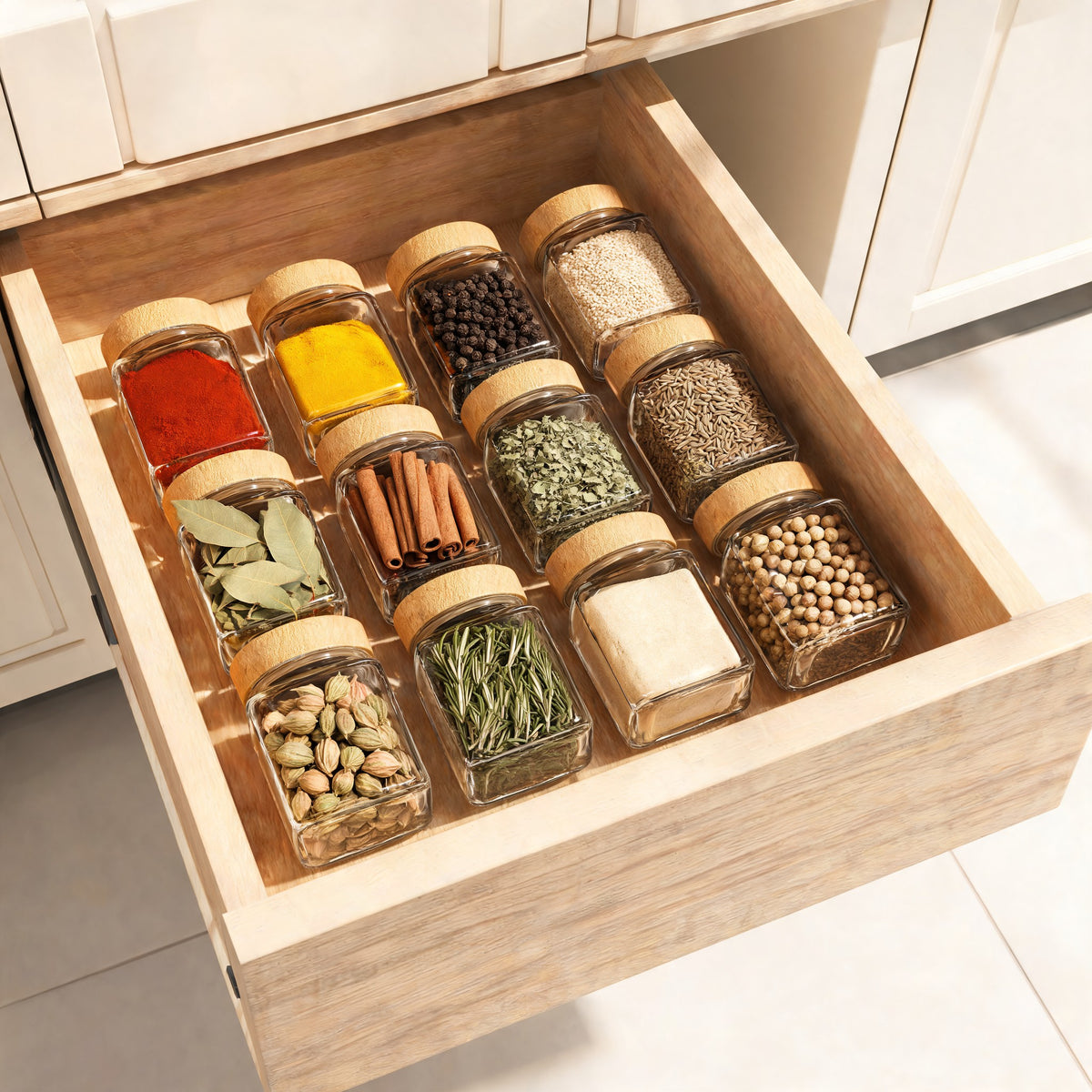 Glass spice jars with bamboo lids lined up in a kitchen drawer