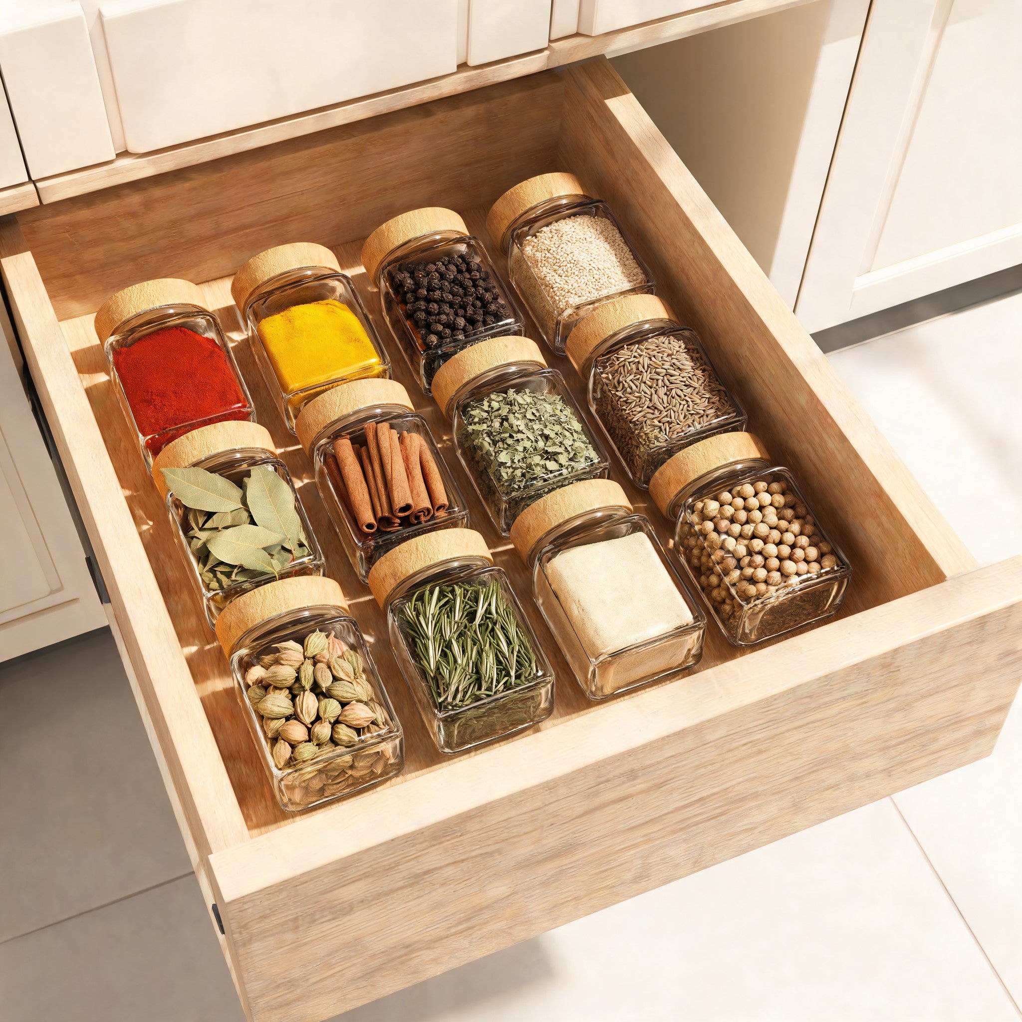 Glass spice jars with bamboo lids lined up in a kitchen drawer