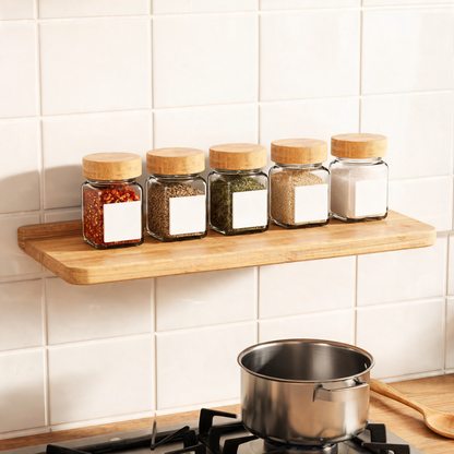 Glass spice jars with bamboo lids on a shelf above a stove