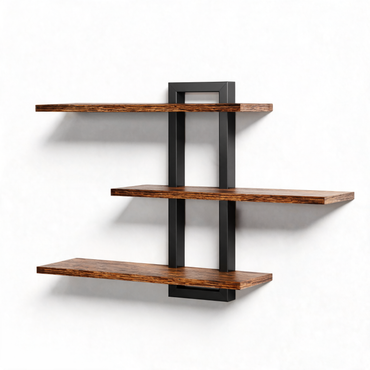 3-tier wall-mounted shelf with black metal frame and wood shelves