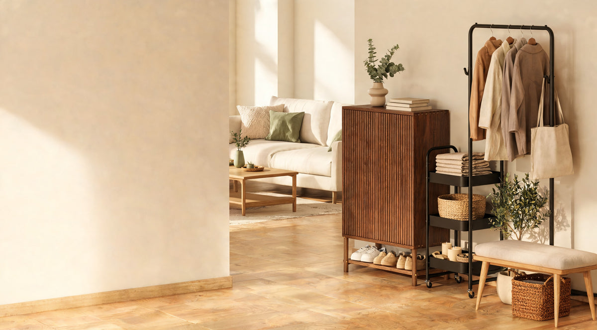 Bright Scandinavian-style entryway with a walnut fluted shoe cabinet, garment rack, rolling cart and shoe rack